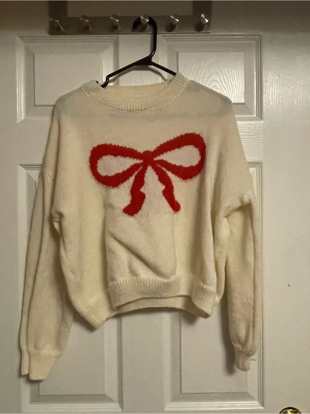 Cream Bow Accent Women's Sweater - Red Bow Detail